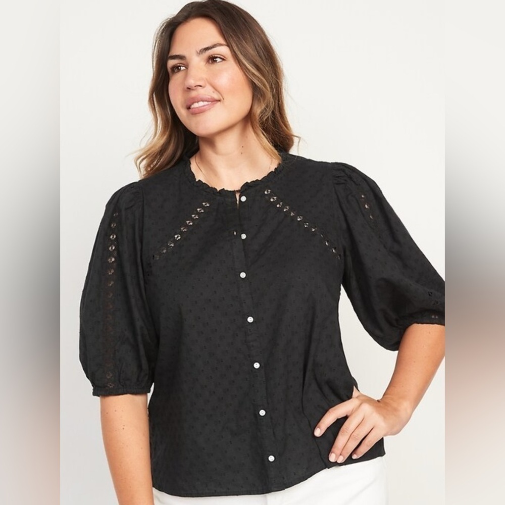 Old navy tall large black cotton button puff sleeve blouse top cute and classy